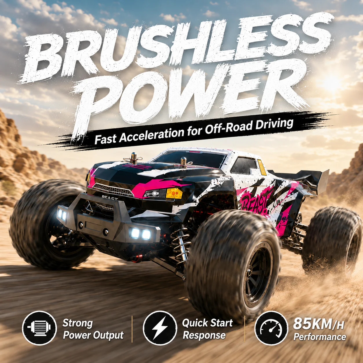 ZNLYRION Camion RC tout-terrain, moteur brushless, 4x4, buggy tout-terrain, télécommande de précision 2.4G avec interrupteur lumineux, gros pneus robustes, voiture RC de loisir avec 2 batteries, cadeau pour les amateurs de voitures RC