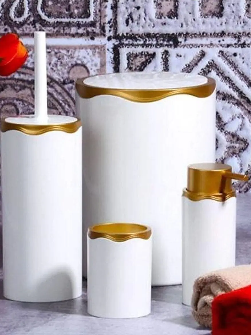 Bath Access Set White Gold Acrylic 4 Pcs Toothbrush Holder Liquid Soap Dispenser Trash Can Toilet Brush Stylish For Home