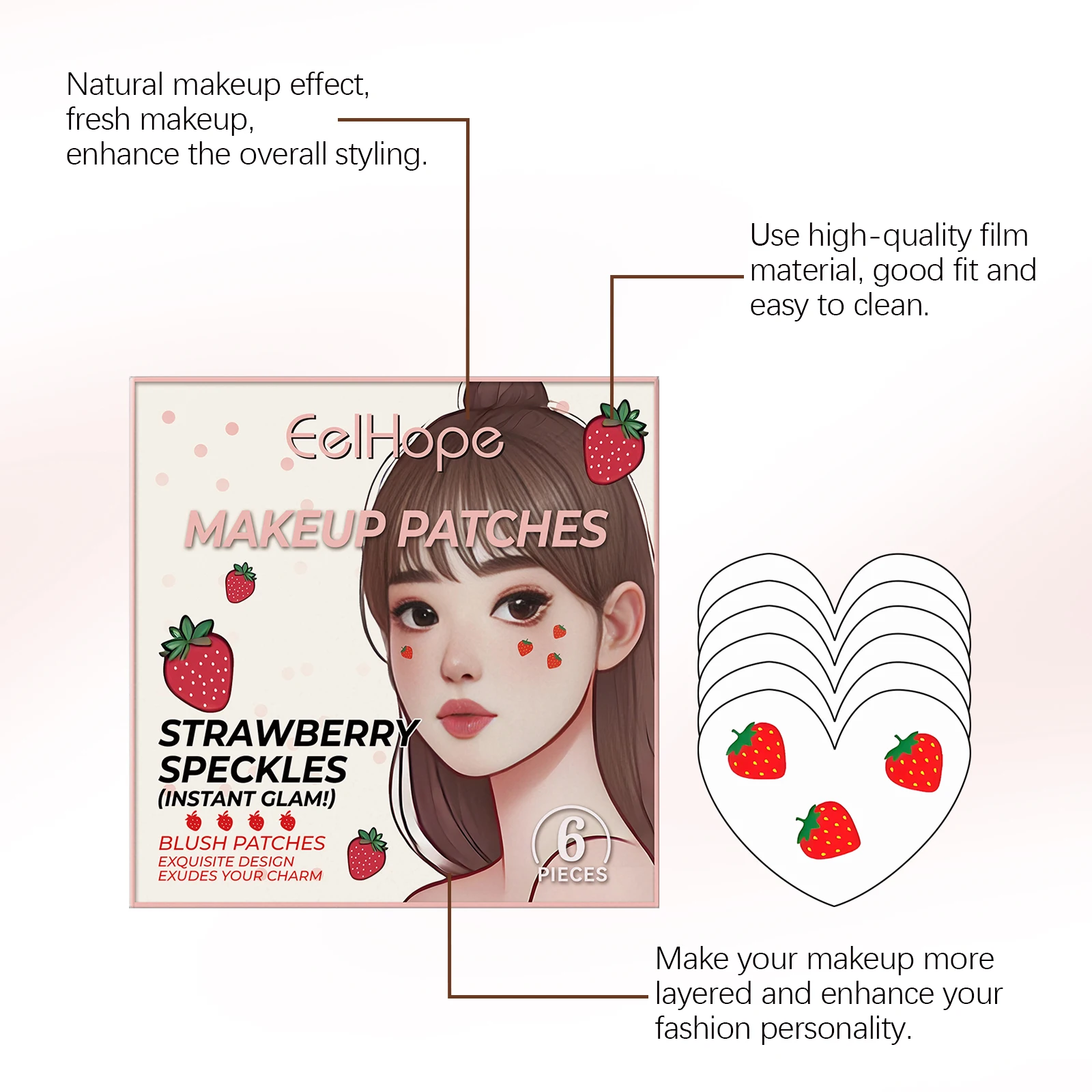แผ่นแปะแต่งหน้ารูปสตรอว์เบอร์รี Eelhope 6 ชิ้น สำหรับตกแต่งใบหน้า แต่งตา งานปาร์ตี้ ลายสตรอว์เบอร์รี ติดชั่วคราว