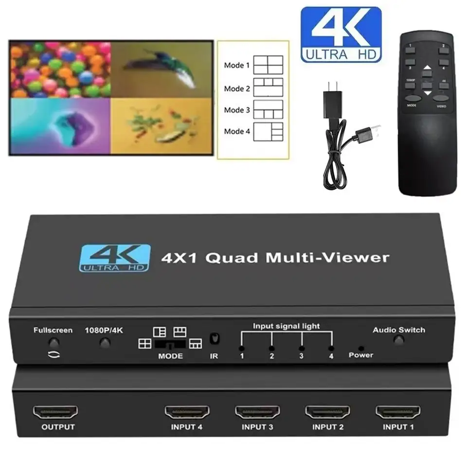 4K HDMI Quad Screen Splitter, 4x1 Switcher with Remote Control