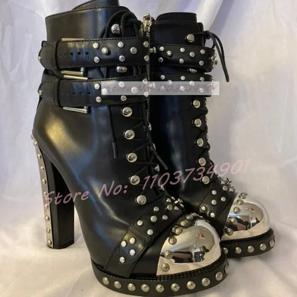 Rivets Metal Round Toe Ankle Boots Women Belt Buckle Lace Up Block High Heels Boots Lady Fashion Sexy Retro Punk Zipper Shoes