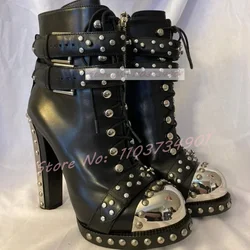 Rivetti in metallo punta tonda stivaletti donna fibbia per cintura Lace Up Block stivali con tacco alto Lady Fashion Sexy Retro Punk Zipper Shoes