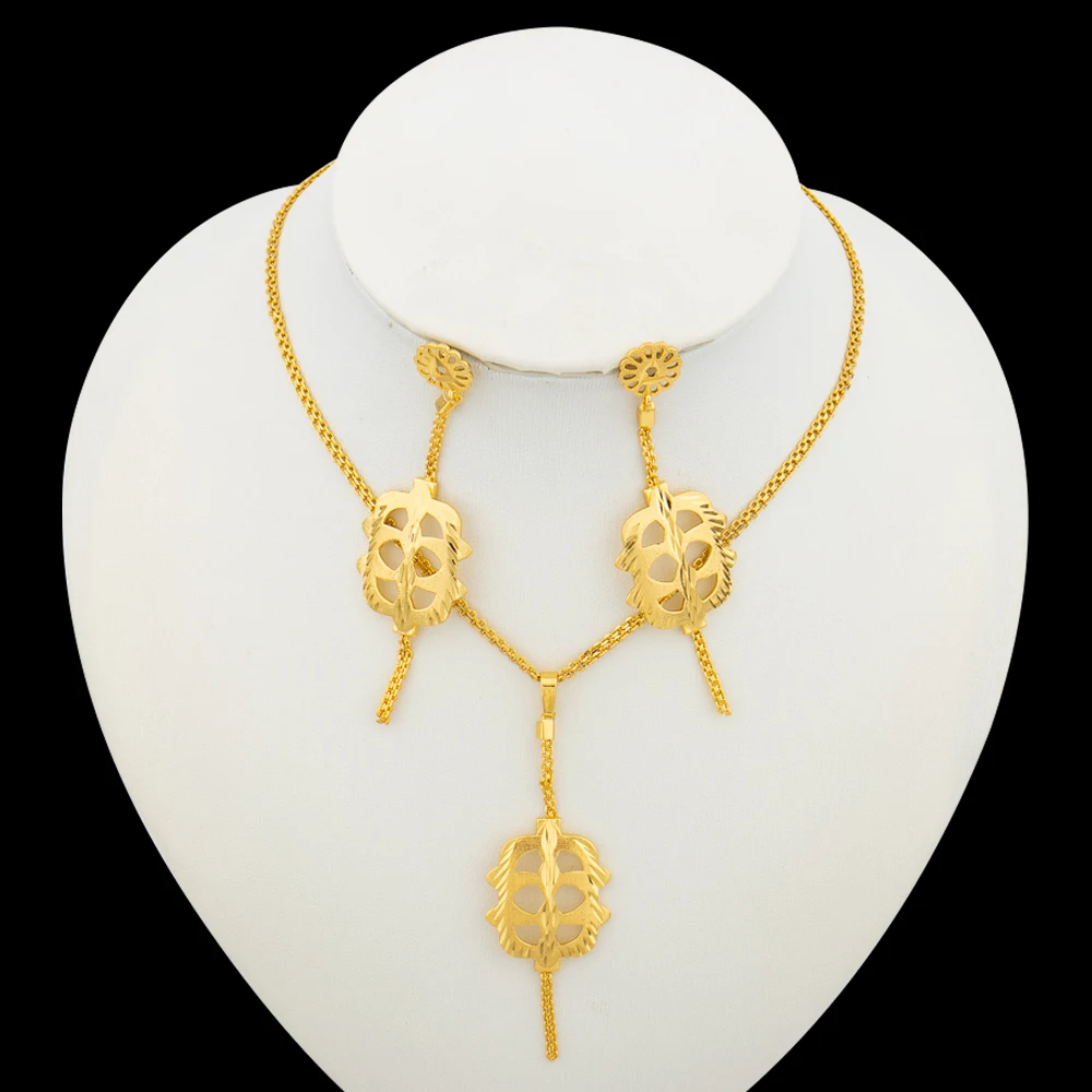 Dubai Goldfarbenes Halsketten-Schmuckset für Frauen, baumelnde Ohrringe und Halskette, Braut, Hochzeiten, Ohrringe, Verlobungsschmuck, Geschenk