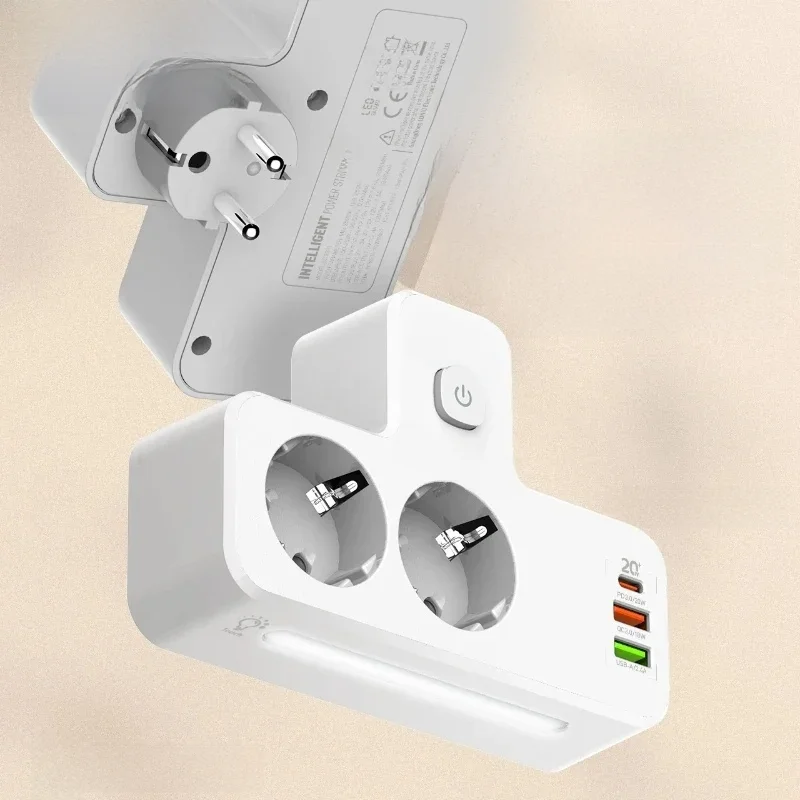 LDNIO Power Strip European Plug Extension With 20W PD 3 USB 2AC Outlet Extender Adapter Touch Night Lamp EU Standard Wall Socket