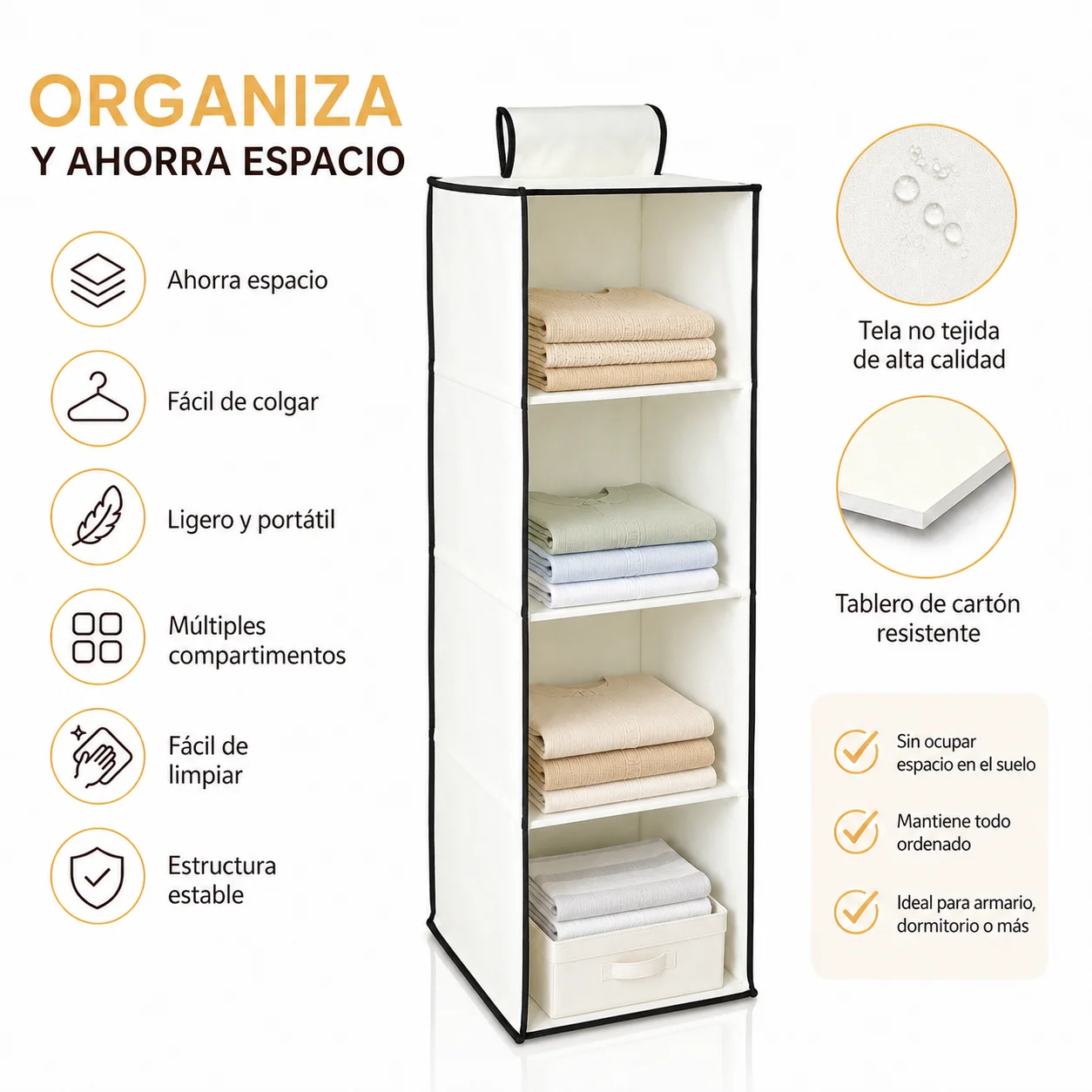 Organisateur suspendu en tissu jaune crème à 4 compartiments pour placard, gain de place avec panneaux robustes pour vêtements, cosmétiques et accessoires