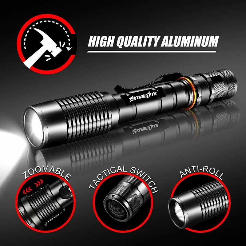 Skywolfeye 2 Pack High Lumens LED Flashlights 5 Modes Portable Torches Zoom with Clip for Car Repair Inspection