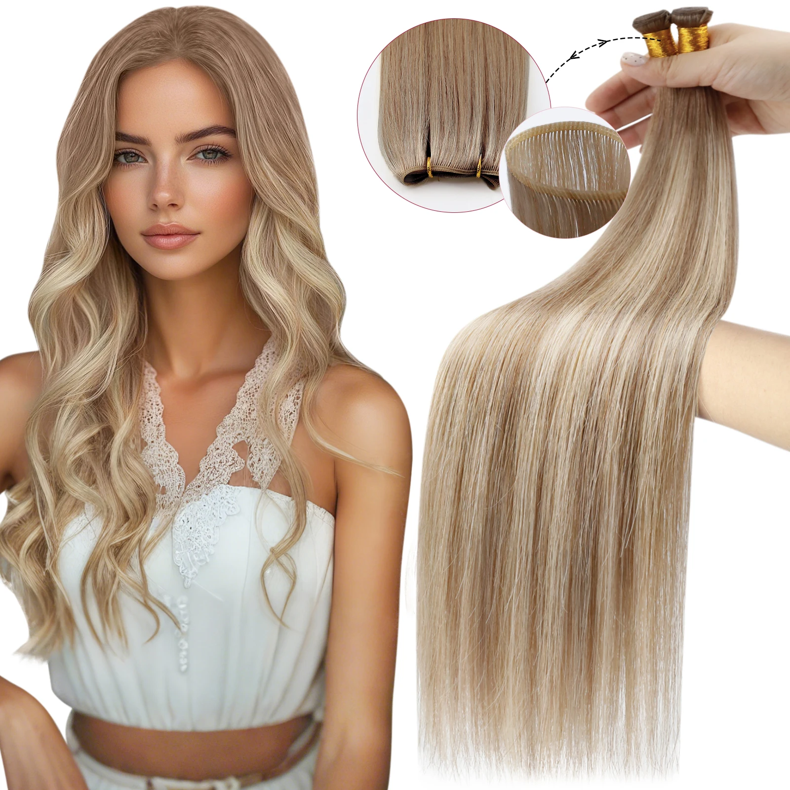 

Moresoo Genius Weft Hair Extensions Human Hair Balayage Remy Hand Tied Sew in Hair Extensions Real Human Hair Weft Extensions