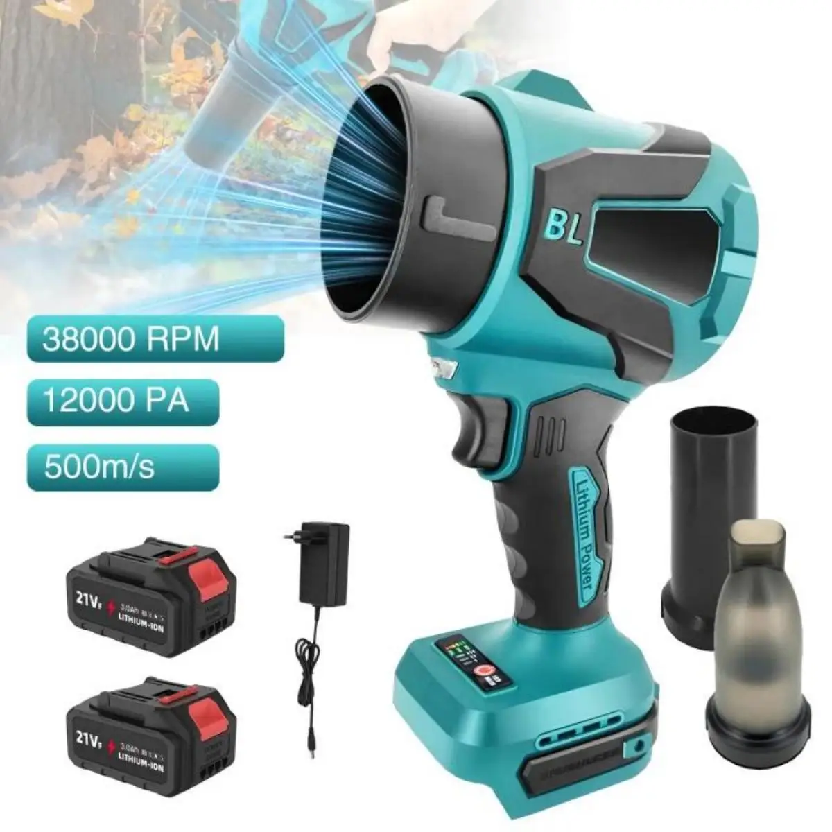 Image of 38000 U/min 3-Gang Bürstenloser Elektrischer Turbo-Gebläse Jet-Lüfter 500 m/s Handgeführter Laubbläser Staubblasgerät für Makita Akku-Stecker