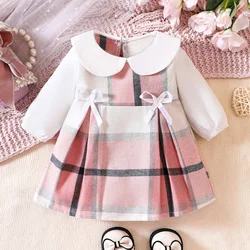 Çocuklar pamuk ekose elbise yaka yaka uzun kollu yay düğüm pembe sevimli bebek elbise