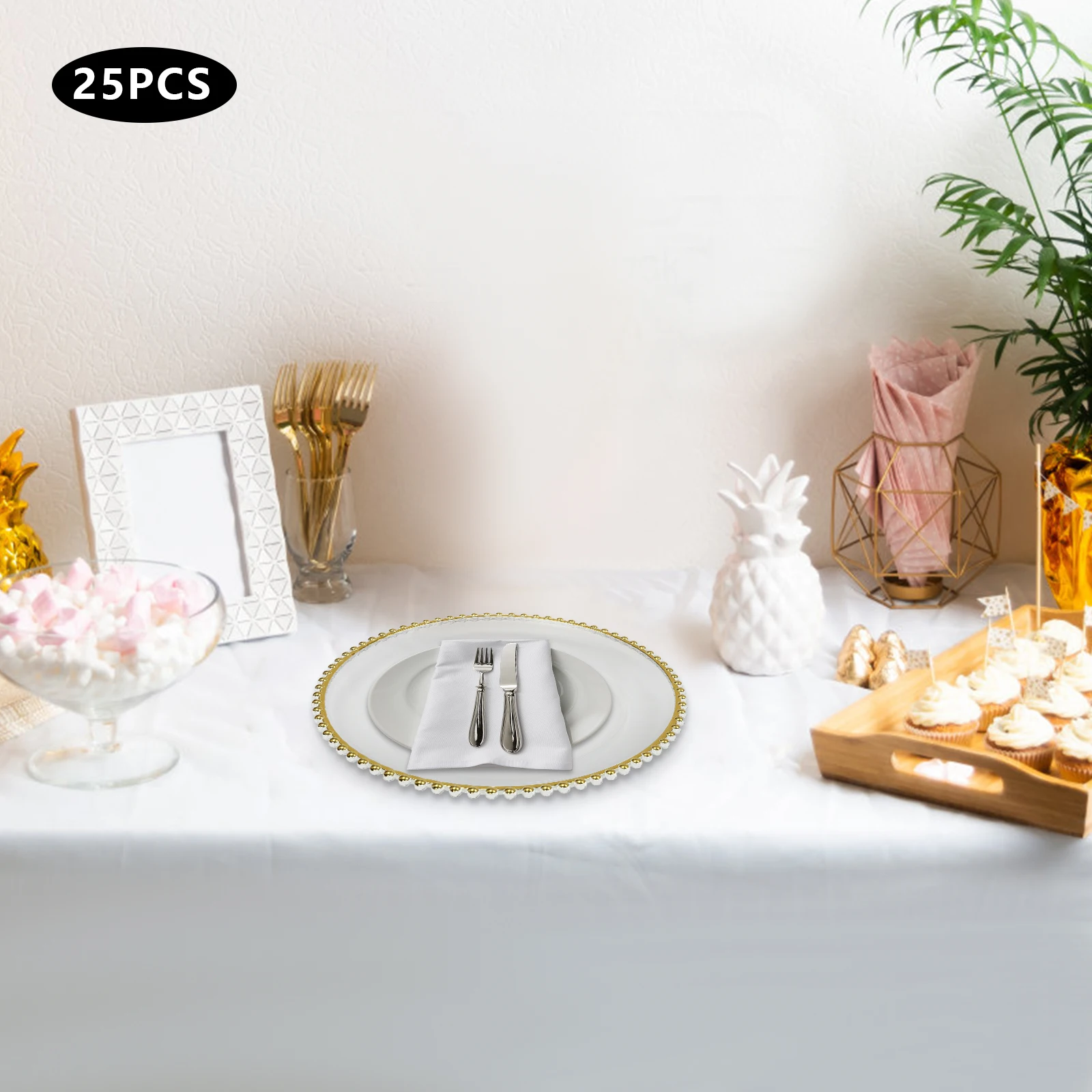 

25 Pcs Clear Charger Plates 12.6 Inch Plastic Dinner Charger Plates with Gold Beaded Rim for Home Wedding Kitchen (Gold)
