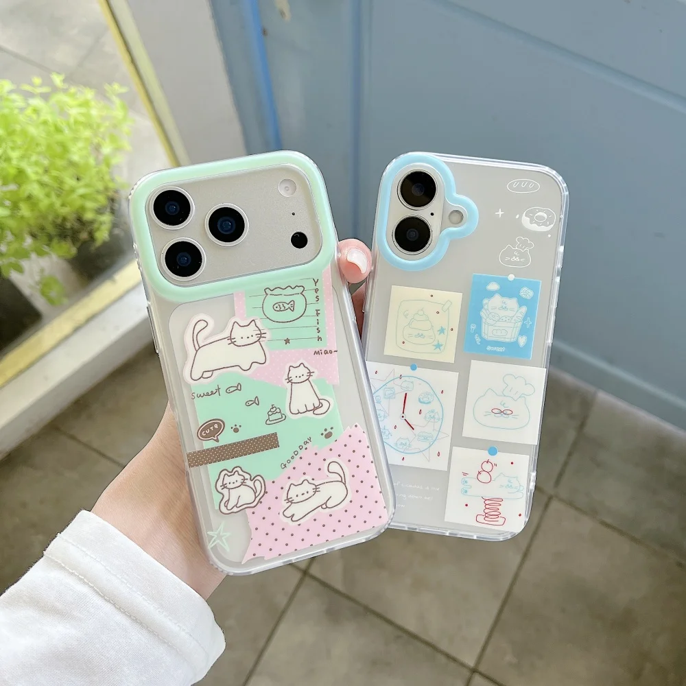 New Korean Ins Cute Note Cat Phone Case Suitable For iPhone 17 Pro 16 Max 15 16 17 Pro Max 15 Pro Kawaii Simple Shockproof Cover