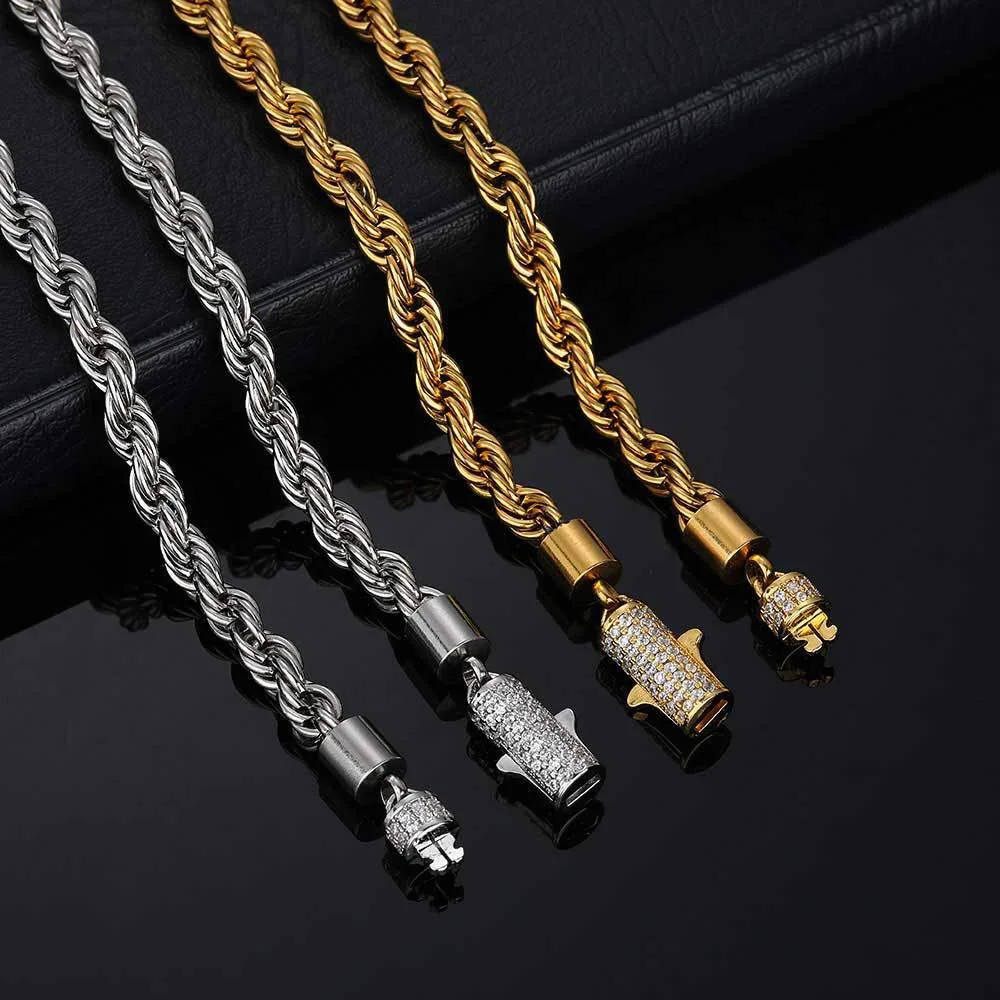 

6mm Hip Hop Rock Zircon Clasp Role Chain Bracelet Stainless Steel Plated Gold Men Jewelry 7-9in Wholesale