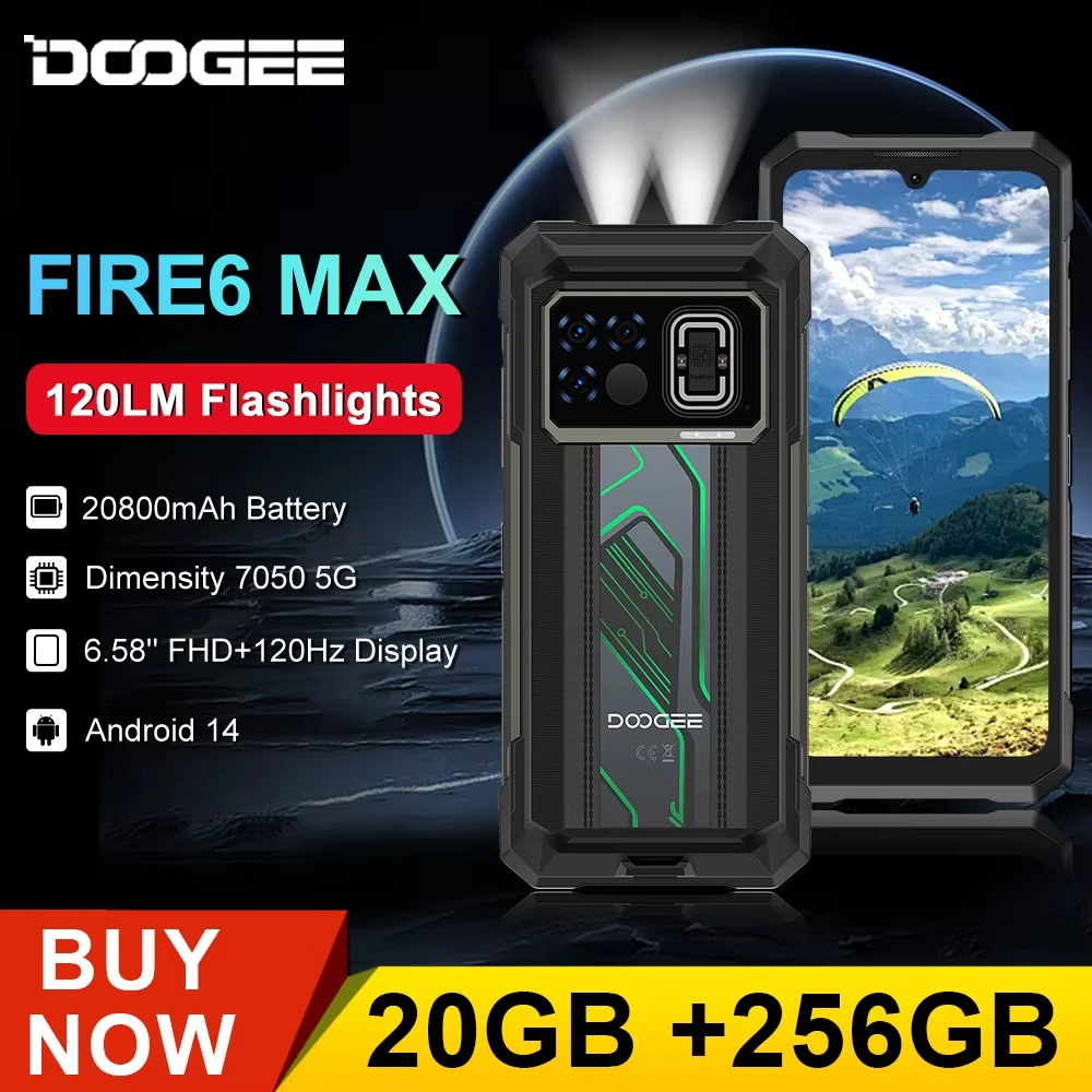 DOOGEE Fire 6 Max 5G Rugged Smartphone 5G Dimensity 7050 Thermal Imaging 6.72” Dual Flashlight 8GB 256GB 20800mAh Mobile Phone