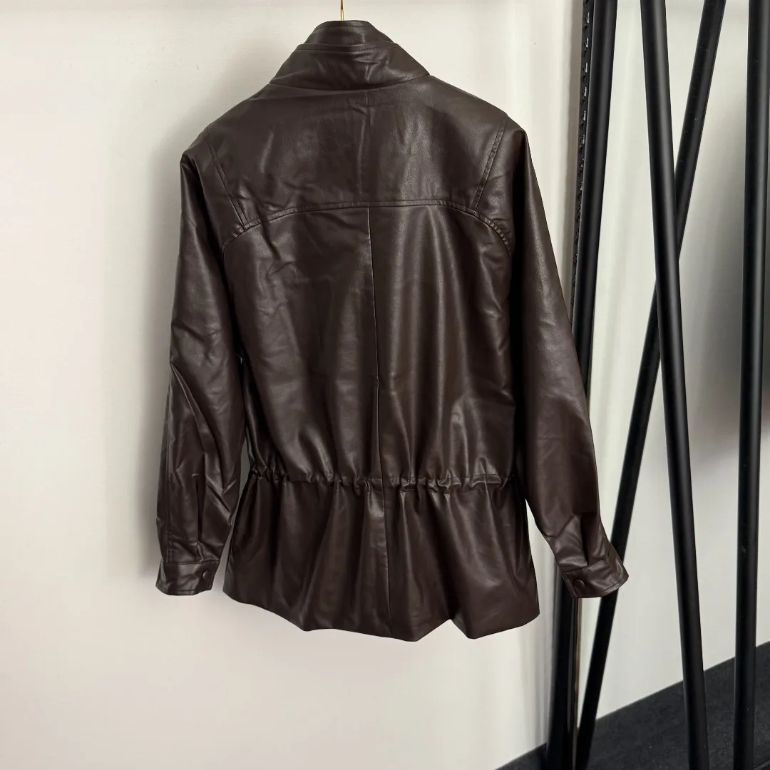 

Women's Brown Genuine Leather Long-Sleeve Jacket - Asymmetric Collar Buttoned Waist Slim Fit Casual Coat