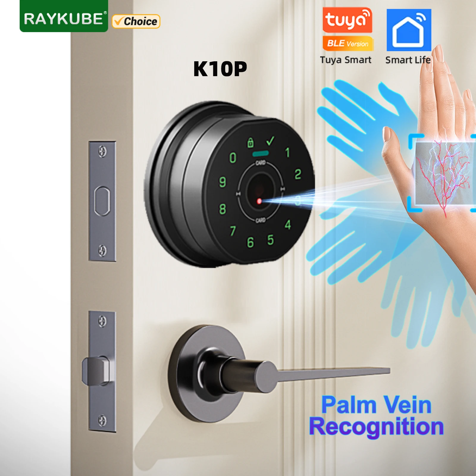 

RAYKUBE K10P Tuya BLE Palm Vein Recognition Digital Electronic Smart Deadbolt Door Lock With IC Card/Password/Key/APP Unlock