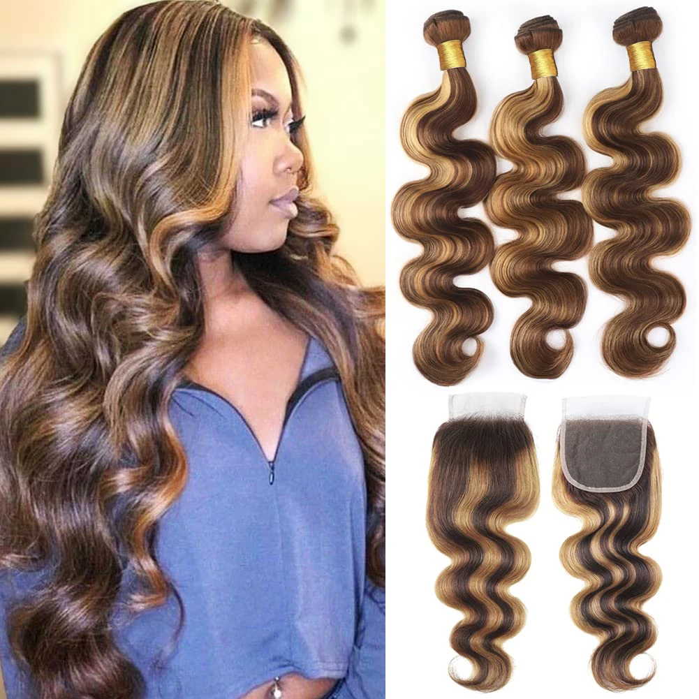 Body Wave Bundles with Closure Honey Blonde Ombre Human Hair 3 Bundle With 4X4 HD Lace Closure Virgin Brazilian Human Hair Weave