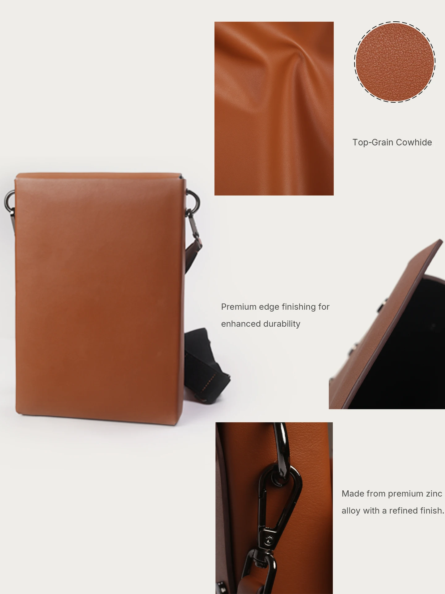 Genuine Leather Crossbody Bag for Men Women Brown Top Grain Cowhide Box Bag Square Shoulder Bag Adjustable Strap Customizable