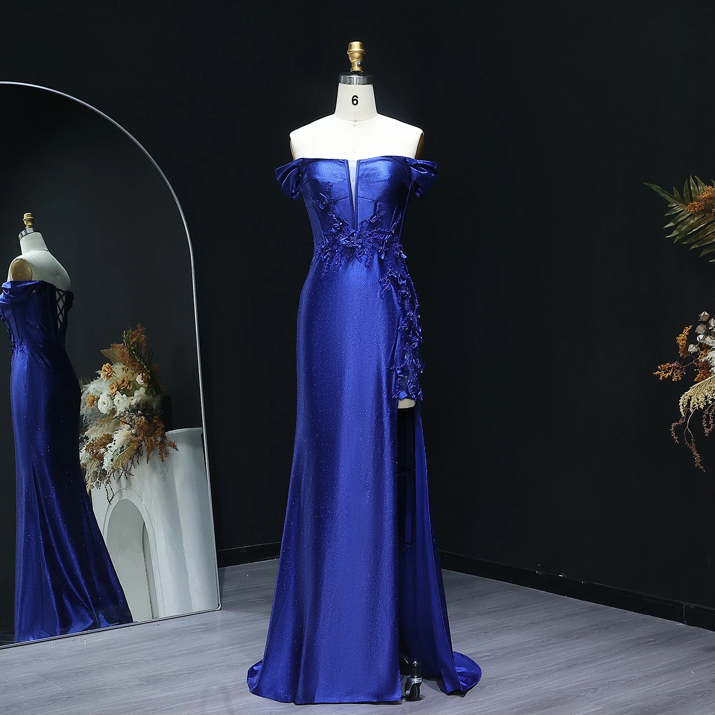 

Sharon Said Satin Royal Blue Off Shoulder Mermaid Prom Dress with Slit Beading Evening Graduation Party Gowns SH511 Customized
