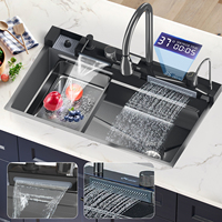 Stainless Steel Waterfall Kitchen Sink Large Single Slot Integrated Digital Display Faucet Set Soap Dispenser Cup Washer 75X46CM