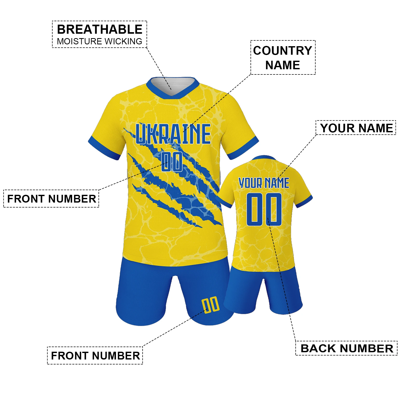 Custom Ukraine Kids Soccer Jersey Set Personalized Name Number Team Football Training Shirts Shorts Outfit for Boys Girls