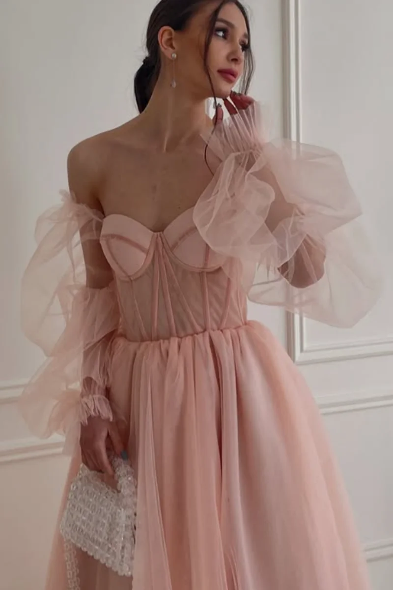 Annie Puff Long Sleeves Prom Dresses Pink Tulle Princess Evening Dresses A-line Off-shoulder Wedding Party Dresses