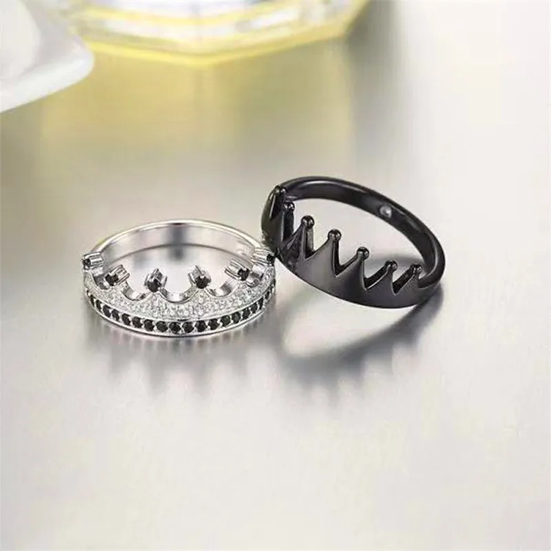 2 Piece Black And White Crown Ladies Party Rings Fashion Romantic Couple Jewelry Bridal Pair Rings