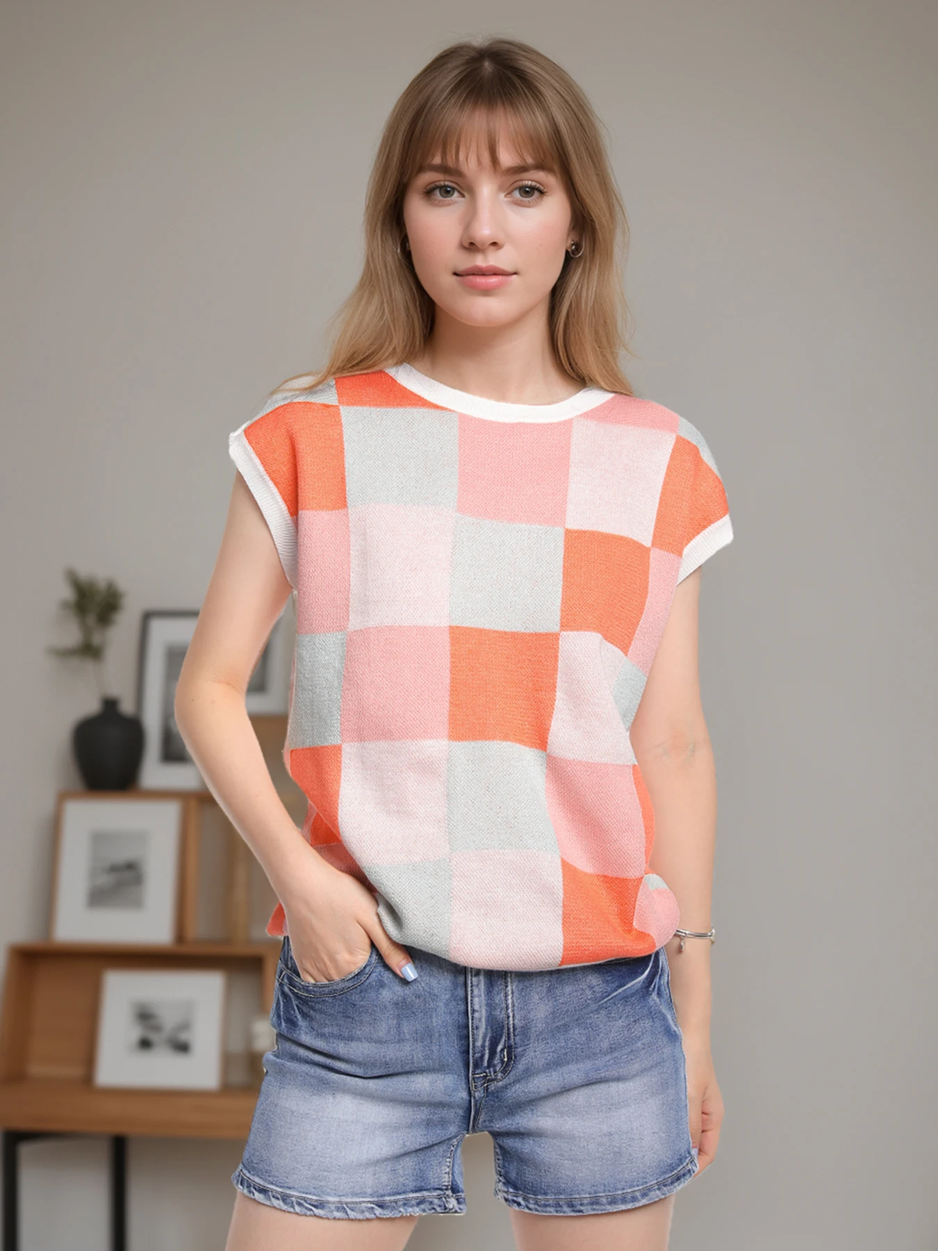 

Женская шерстяная футболка с круглым вырезом и небольшими рукавами