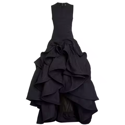 Flechazo Black Embossed Fabric Sleeveless Evening Dress Tiered Irregular Prom Women Customized Party فساتين سهرة