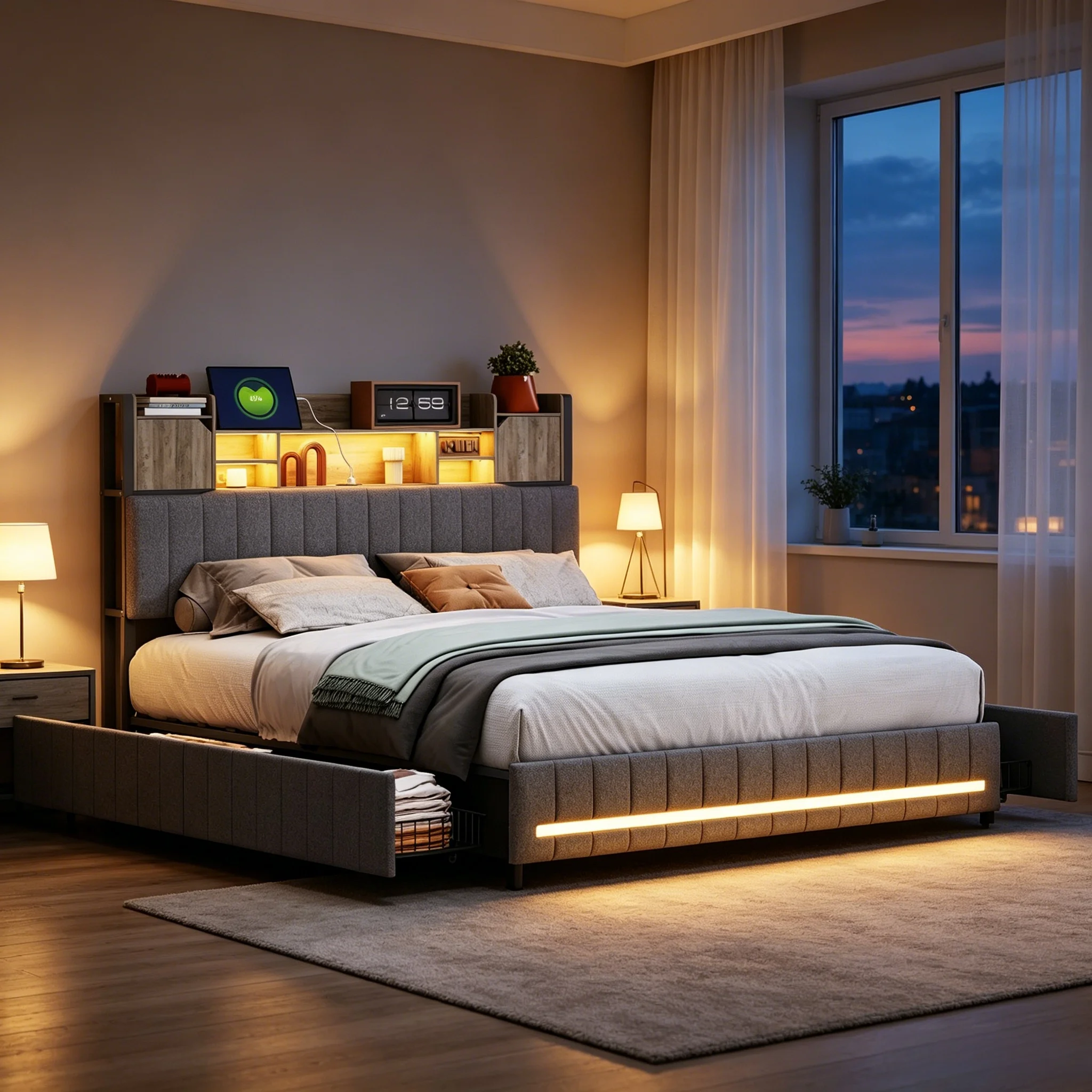 Stauraumbett, gepolstertes Doppelbett mit LED-Beleuchtung, USB-Anschluss und Schubladen, Kopfteil mit Staufunktion, geeignet für Erwachsene und Jugendliche, in mehreren Größen erhältlich, dunkelgrau,