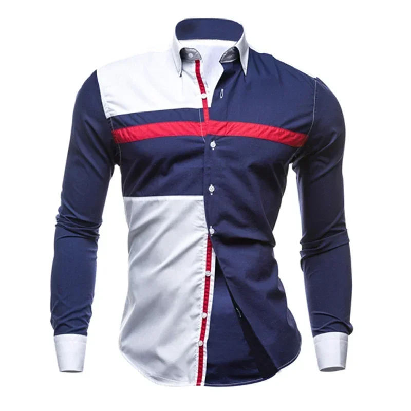 Męska koszula z długim rękawem 2025 wiosenne koszule w paski Slim Fit męska dorywczo społeczna patchworkowa koszula skręcić w dół kołnierz Camisa Masculina — zdjęcie 2