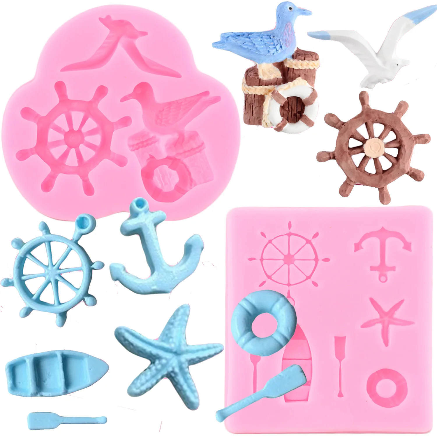 Rudder Anchor Sailing Boat Silicone Mold Hook Lifebuoy Fondant Molds Cake Decorating Tools Seagull Chocolate Candy Clay Moulds