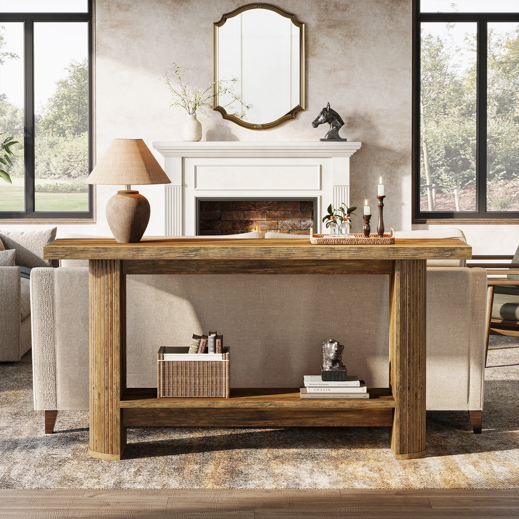 Tavolino consolle stretto Tribesigns, 140 x 30 x 80 cm, tavolino moderno per corridoio o zona salotto, con 2 ripiani, consolle in legno da posizionare dietro il divano, ideale per soggiorno, corridoio