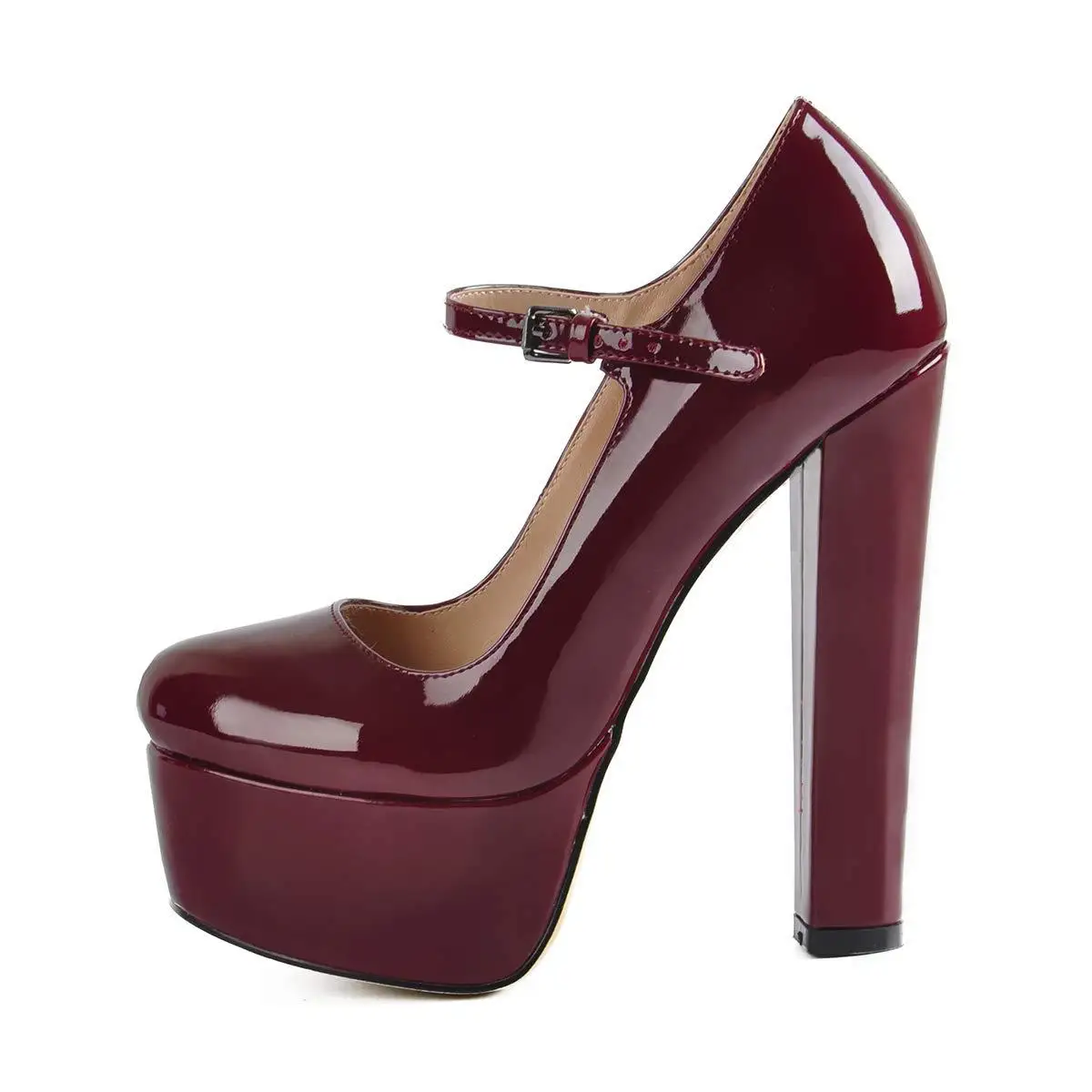 Women Patent Round Toe Platform Block Heel Mary Jane Pumps Ankle Strap Shoes Multi-color