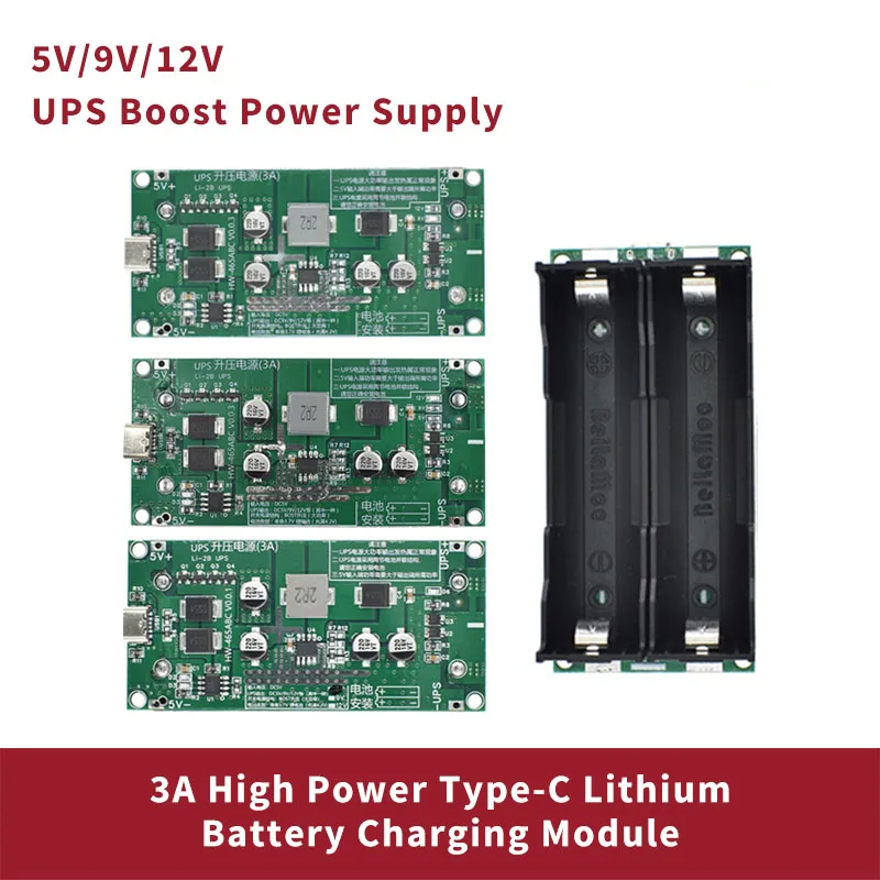 

5V/9V/12V Fast Charge UPS Power Supply 15W 3A DC-DC Step Up Booster Converter Type-C 18650 Lithium Battery Charger Module