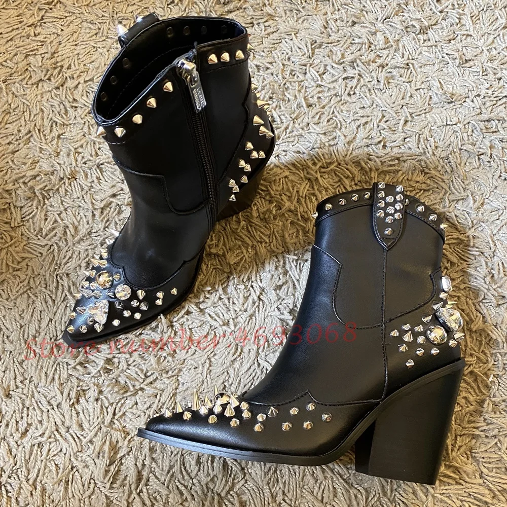 Rivetti di cristallo stivali Chelsea neri da donna gemme Appliques stivaletti di lusso tendenze femminili Splicing in pelle scarpe da sera a punta