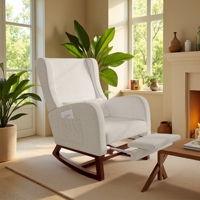 Rocking chair with wooden base and backrest, nursing chair with 2 side pockets and armrests, rocking chair with lumbar cushion, recliner, living room chair, rocking chair for living room/bedroom, linen, beige