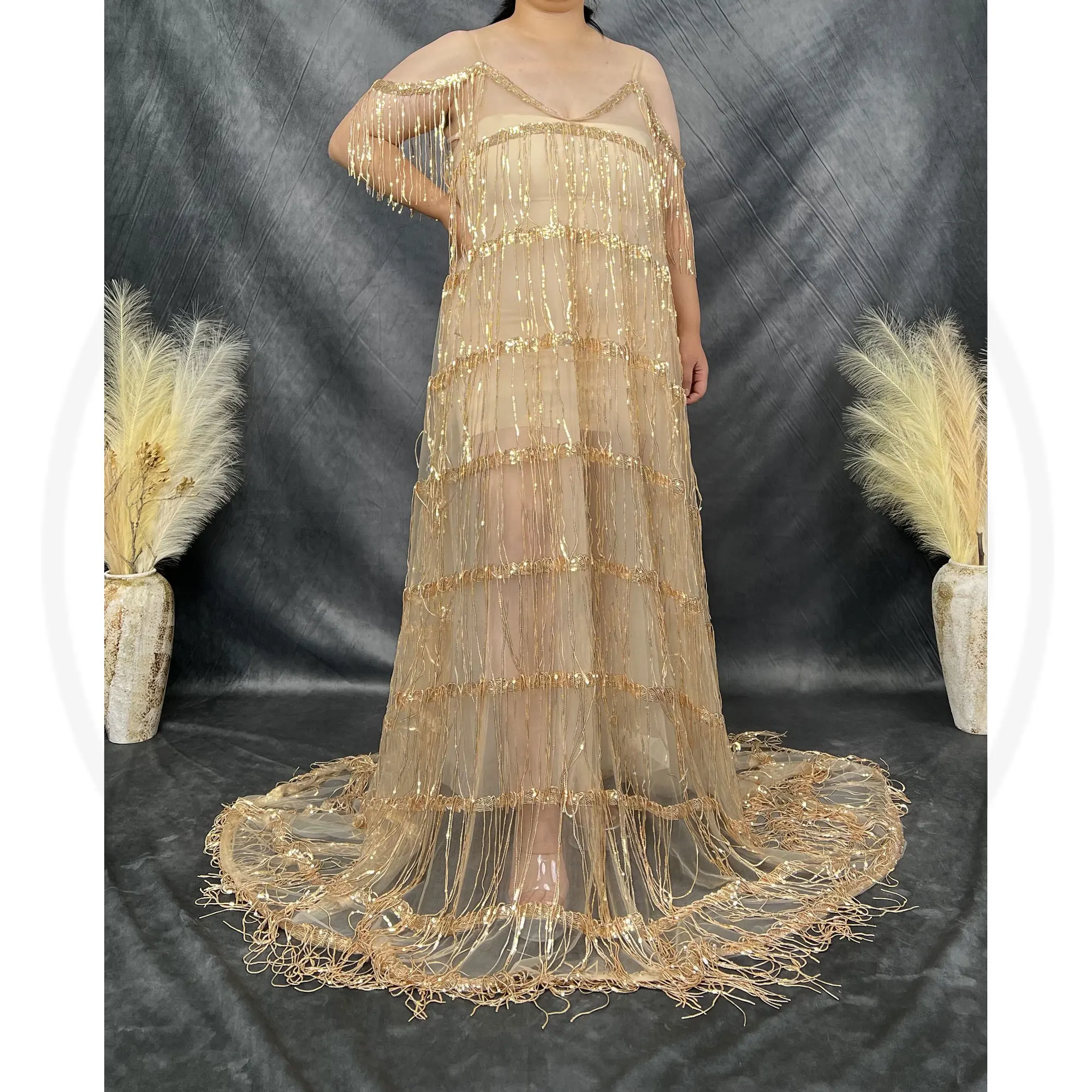 Don&Judy Boho Golden Sparkly Sequin Maternity Dress Photoshoot Sexy V Neck Sleeveless Sling Dress for Pregnant Women Clothing