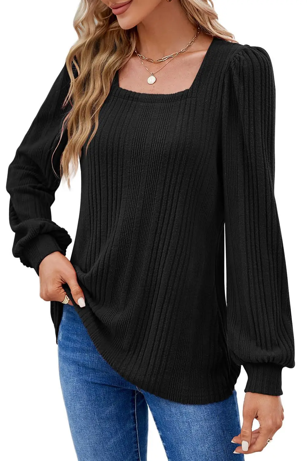 Autumn and Winter New Women\'s Pit Stripe Square Neck Fashion Casual Long Sleeve Top