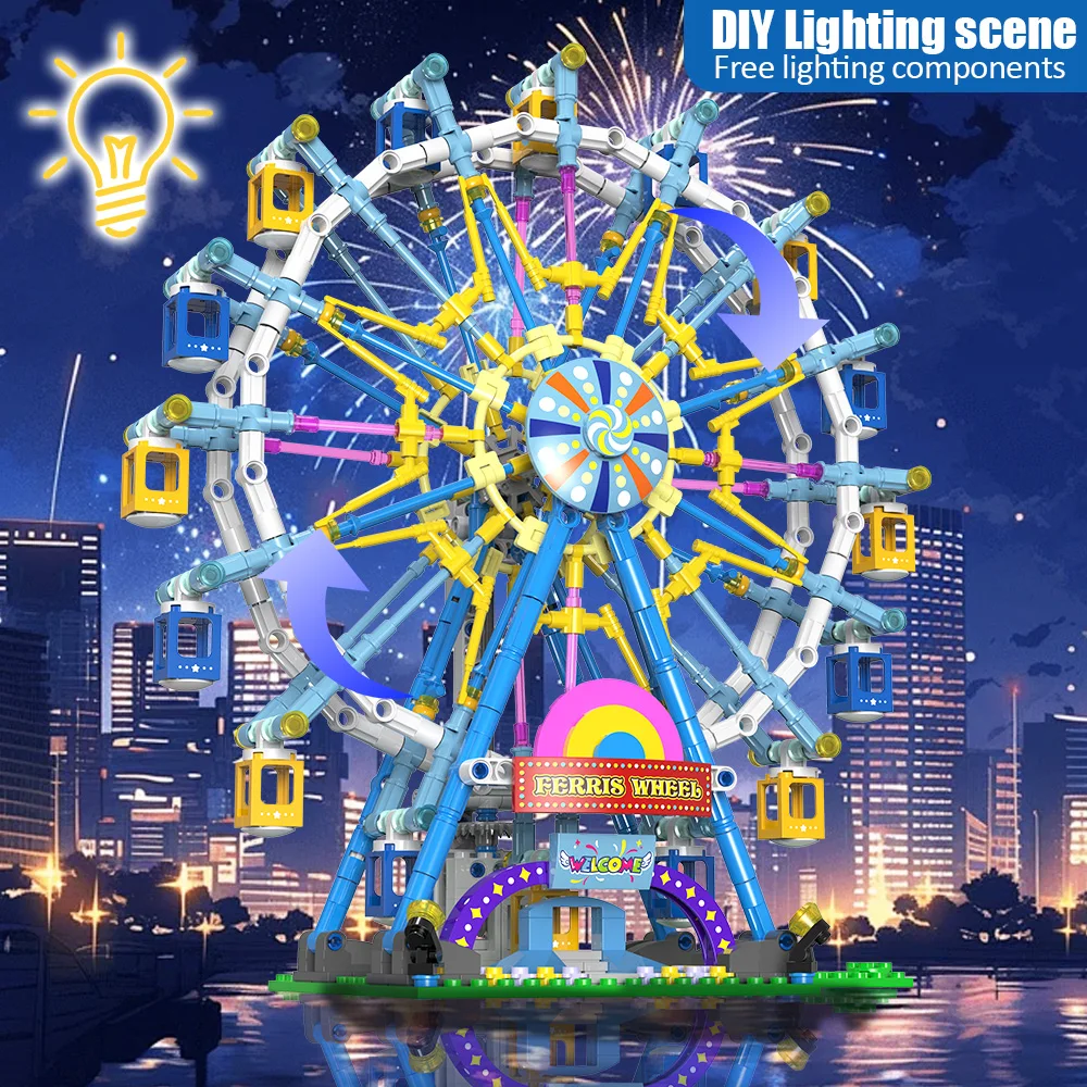 

City Friends Rotating Ferris Wheel Building Blocks MOC Pink Blue Electric Bricks with Light Toys for Children Christmas DIY Gift