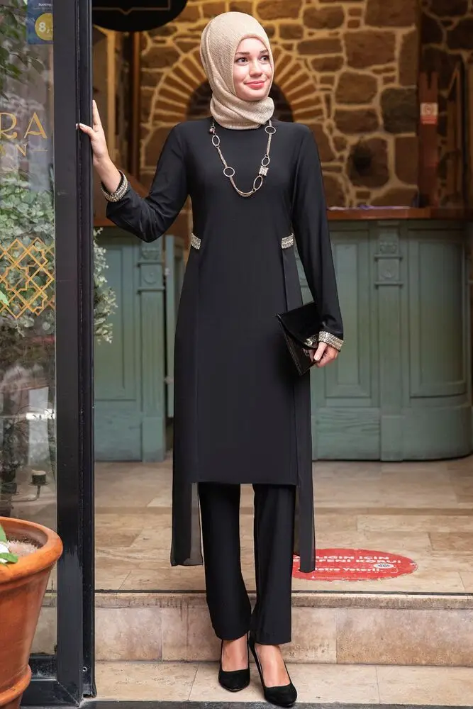 

2gang Black Suit Hijab Evening Gowns Casual Pants Tunic Suit Muslim Fashion Clothing