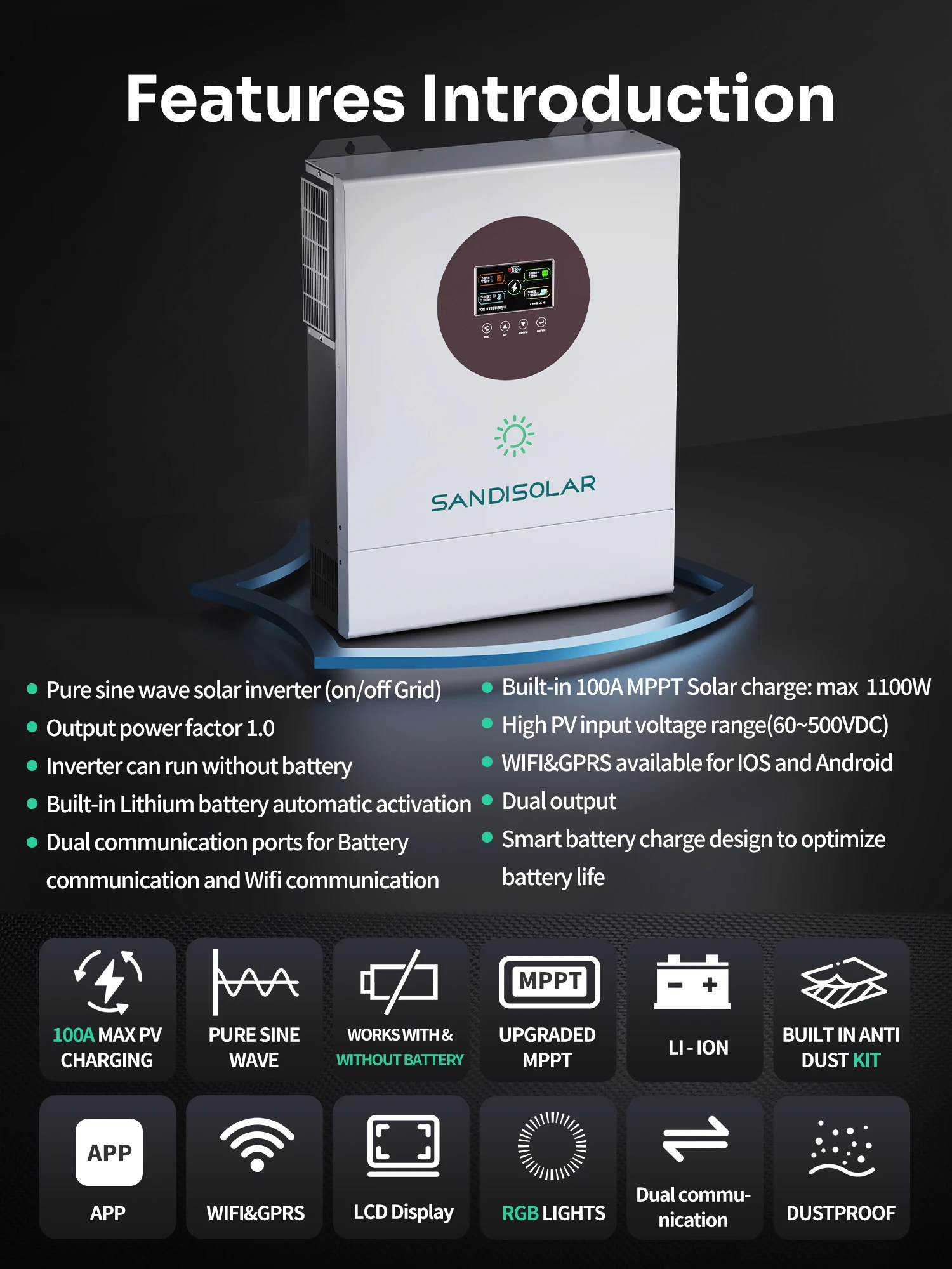 SANDISOLAR 11KW 48V 6.2KW 48V 4.2KW 24V Solar-Hybrid-Wechselrichter 48V 230V Dual MPPT 500VDC Eingang 160A Ladestrom Reine Sinuswelle Notstromlösung
