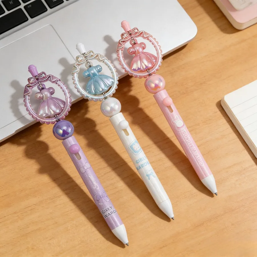 2-Pack of Pens with Random Colors, Creative Princess Dress Design with Rotating Bead Decorations, 0.5mm Black Gel Pens for Student Diaries, School Stationery Supplies, Colorful Faux Pearl-Embellished Pens, Suitable for Creating Unique Wedding and Birthday Gifts