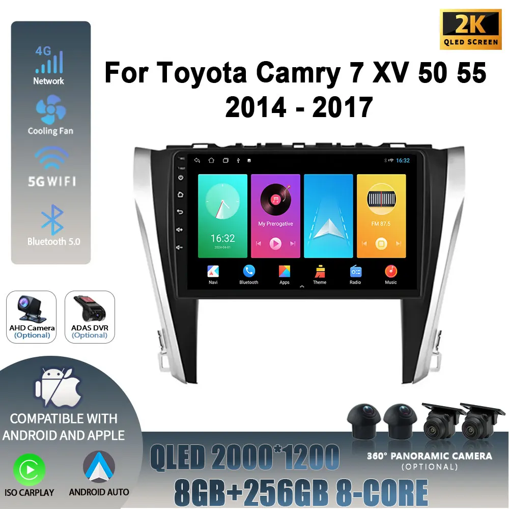 

Беспроводной Carplay 4G GPS-экран 2DIN Android 14 для Toyota Camry 7 XV 50 55 2014-2017, автомобильный радиоприемник, мультимедийный навигационный плеер