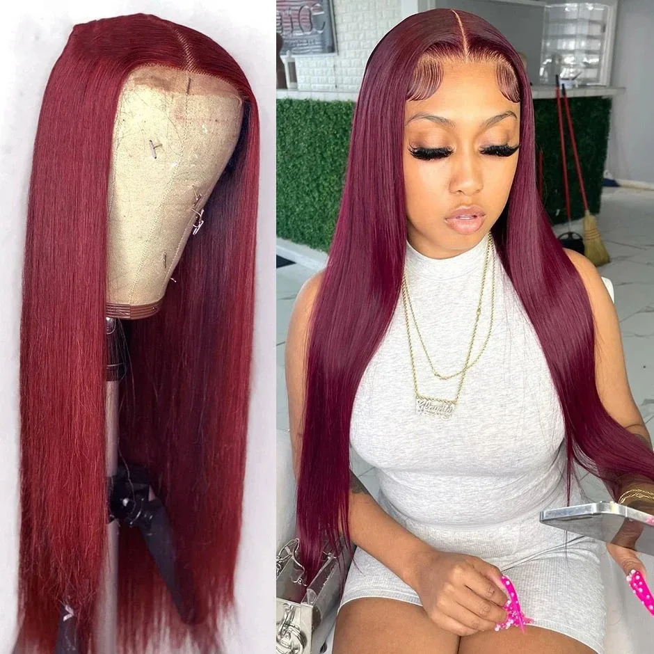 Burgundy 99j Bone Straight 13x4 Hd Lace Front Human Hair Wig 13x6 Transparent Lace Front 30 40 Inches Remy Red Wigs 250 Density