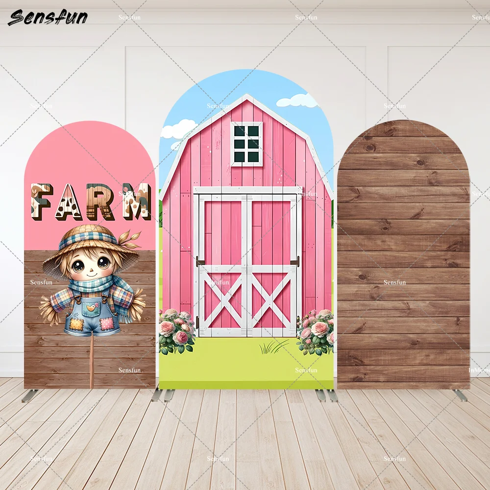 2-Sided Pink Farm Birthday Arch Backdrop Cover Wooden Barn theme Background Girls Baby Shower Party Chiara Wall Photo Booth