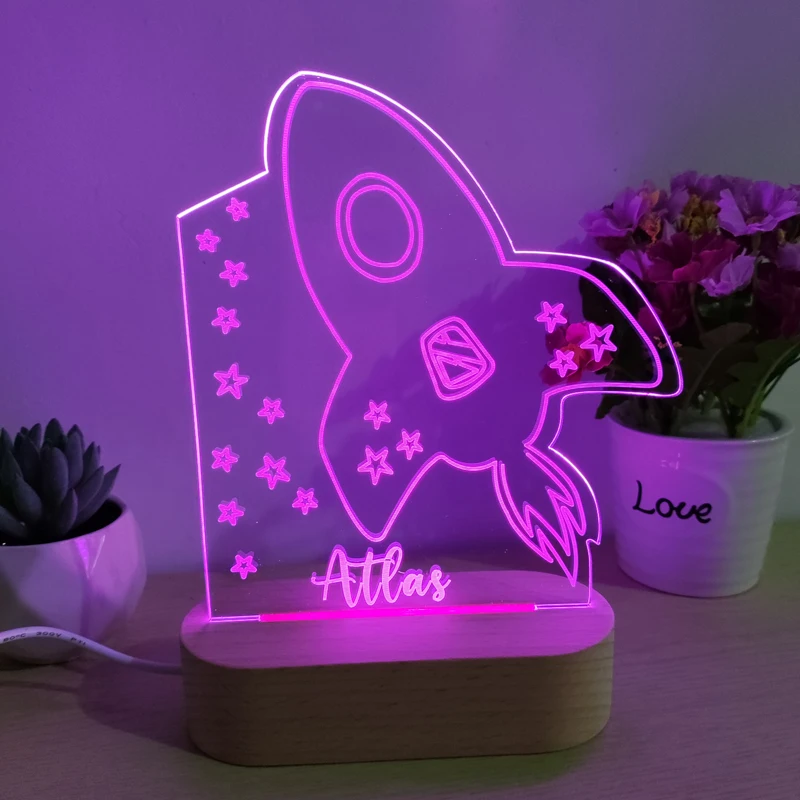 Personalizowana lampka nocna LED z motywem rakiety do pokoju dziecięcego, imię klienta, akrylowa lampka nocna