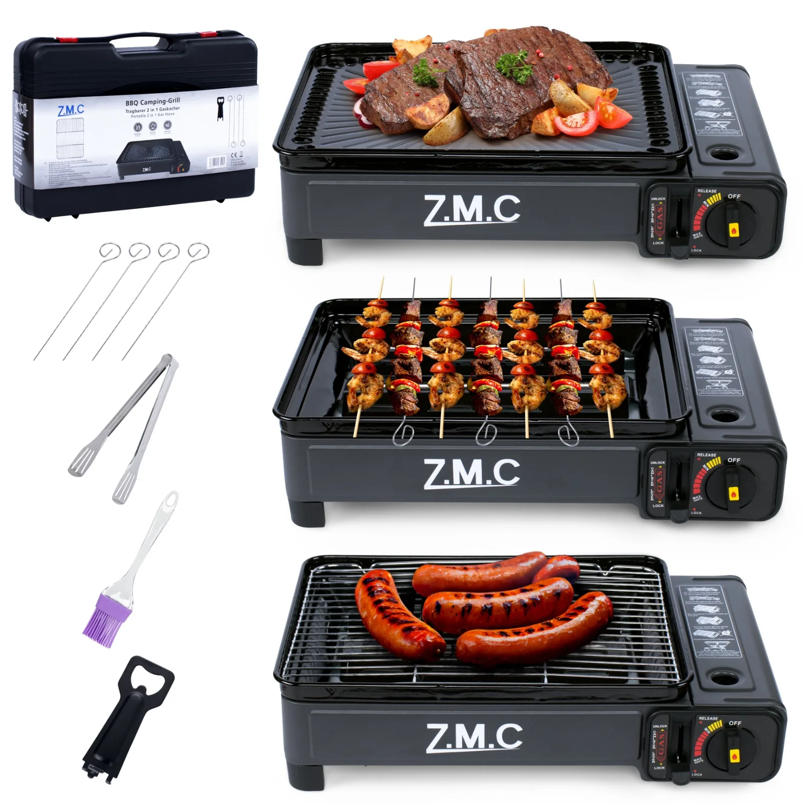 2-in-1 campingfornuis & gasgrill 2,2 kW | Piezo-ontsteking, LPG-aansluiting, grillaccessoires & koffer – Draagbaar & compact voor kamperen & buitengebruik