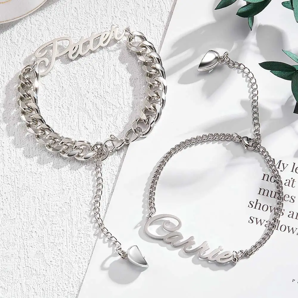 Personalized Couple Bracelet Custom Name Magnetic Heart Matching Bracelet Stainless Steel Jewelry For Women Men Romantic Gift