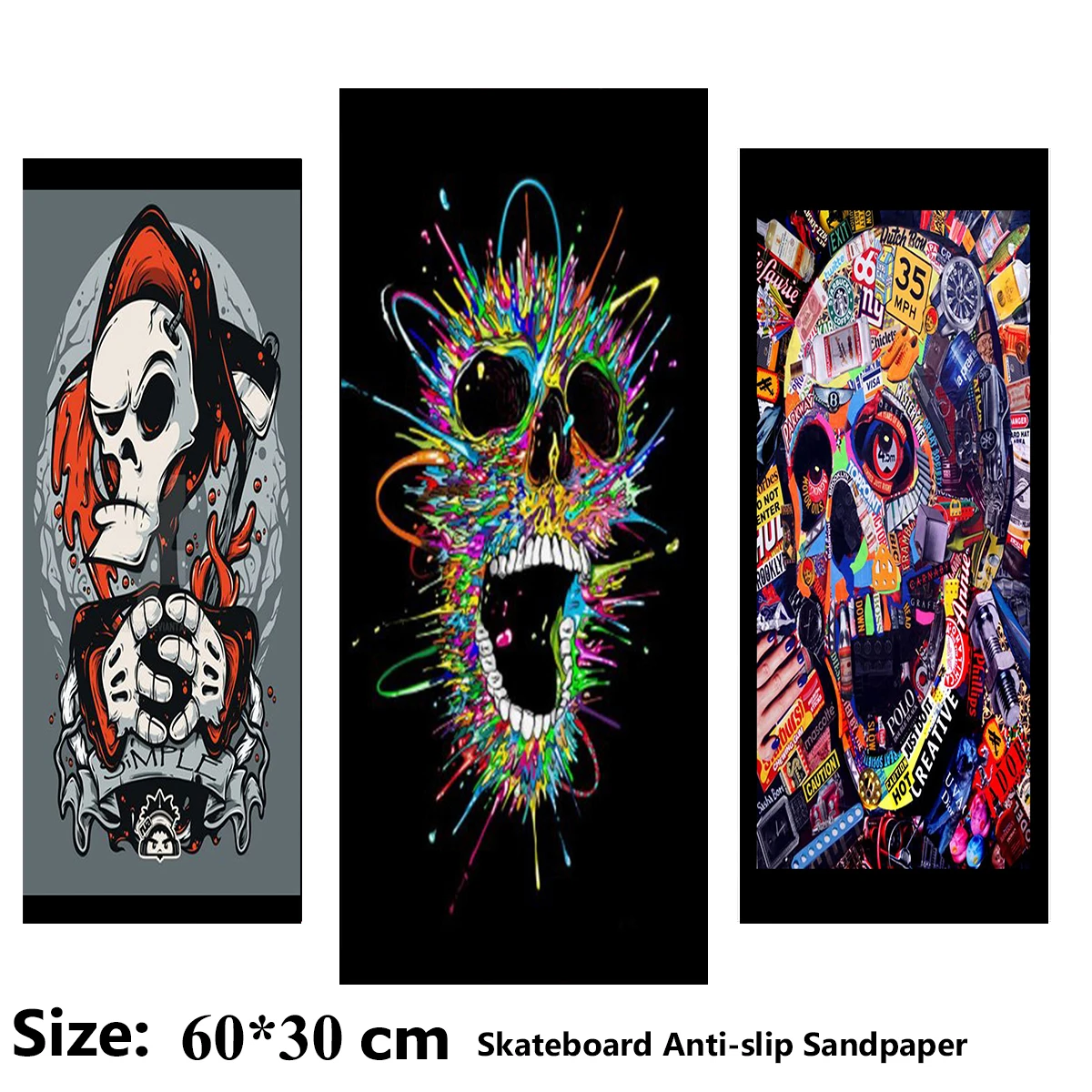 Colorful Skull Street Art Electric Scooter Anti-slip Sticker Sandpaper Skateboard Grip Tape Sheet 60*30cm