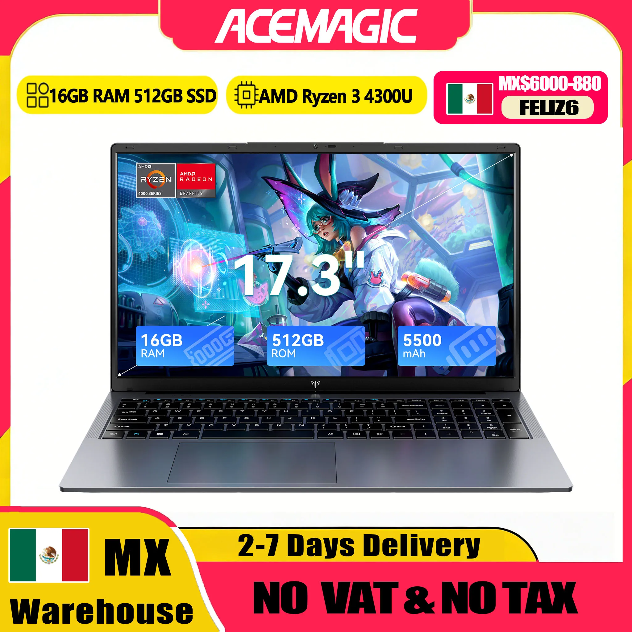 Computadora Portátil ACEMAGIC AX17Pro, AMD Ryzen 3 4300U, Windows, Pantalla IPS de 17.3 Pulgadas, 16GB DDR4, 512GB NVMe SSD, Teclado Numérico